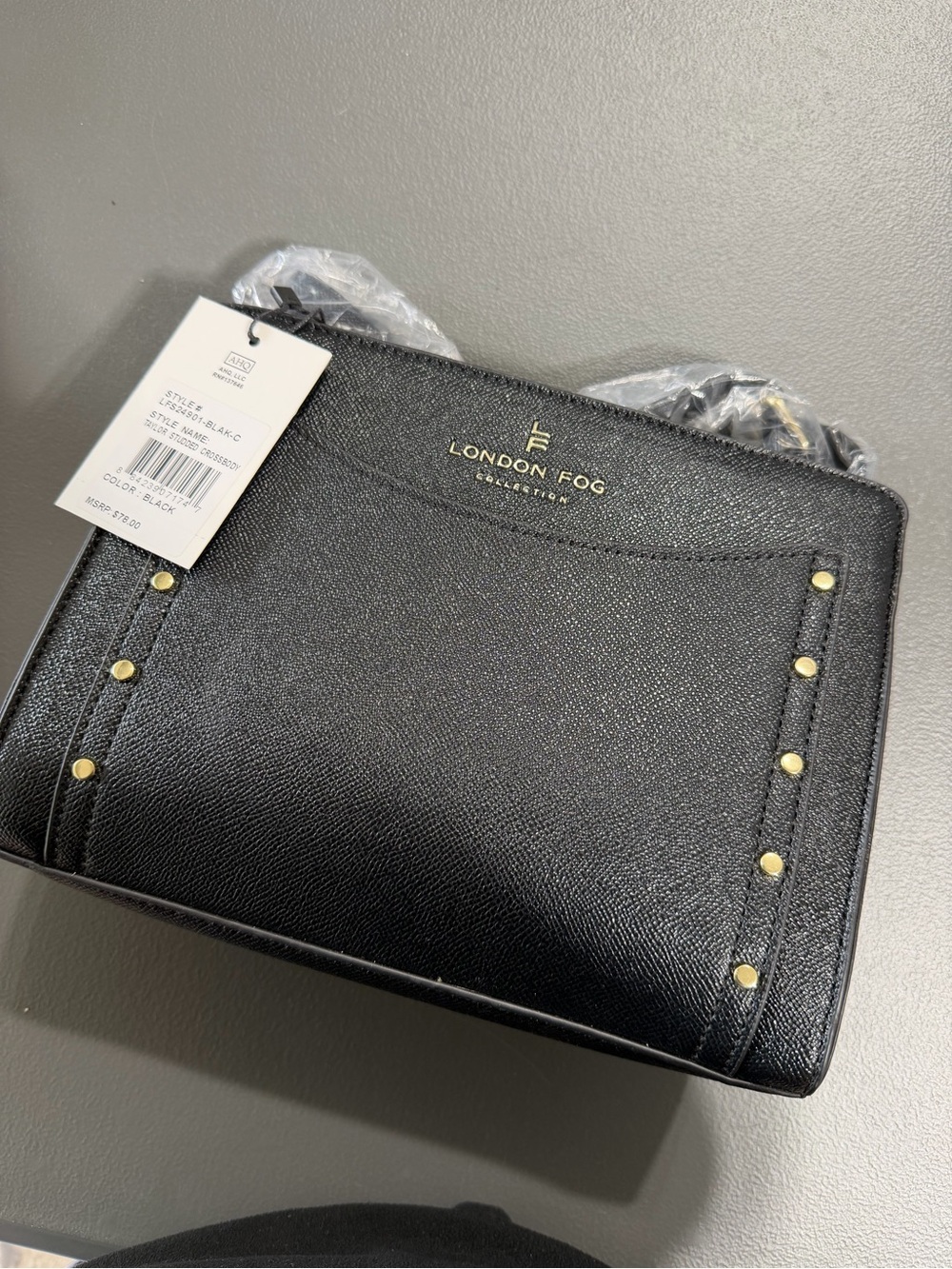 London Fog Black Saffiano Satchel with Gold Hardware